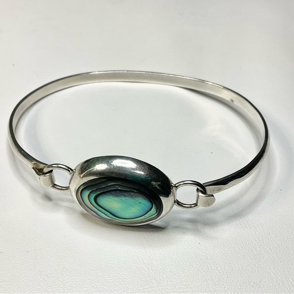 Vtg Sterling Silver Abalone Bangle Mexican Silver Bracelet - Picture 2 of 8
